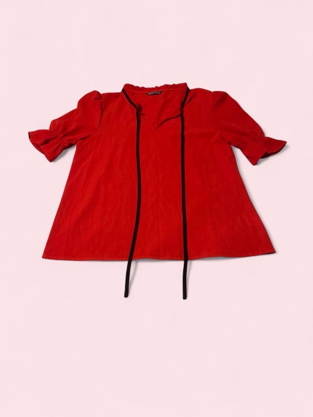 SHEIN Red Short Sleeve Tie-Neck Blouse